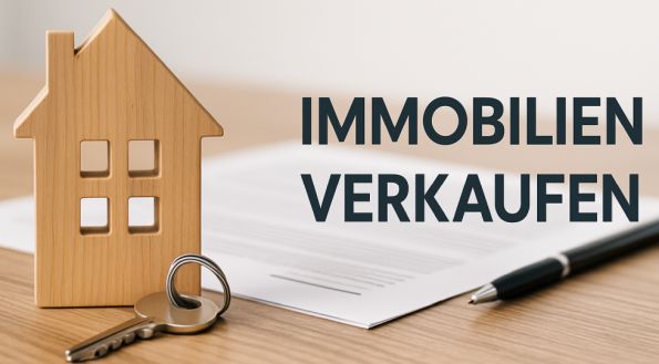 Holzhaus-Modell mit Schlüssel und Stift auf einem Tisch, im Hintergrund ein Vertrag für den Immobilienverkauf; daneben steht der Schriftzug „Immobilien verkaufen“.